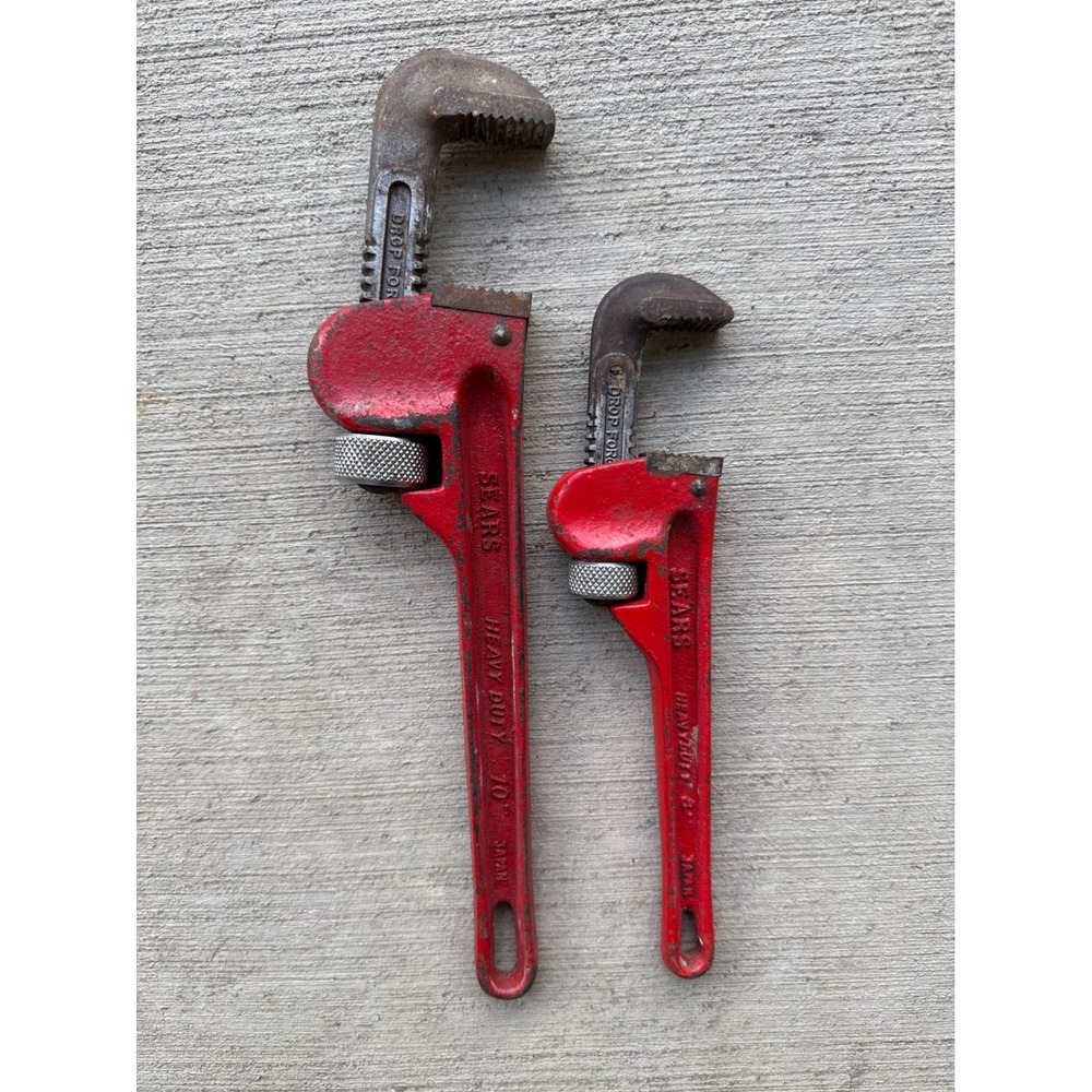 Vintage Sears Pipe Wrench 2pc Set 8" 10" Red Heavy Duty Japan Made Works Great